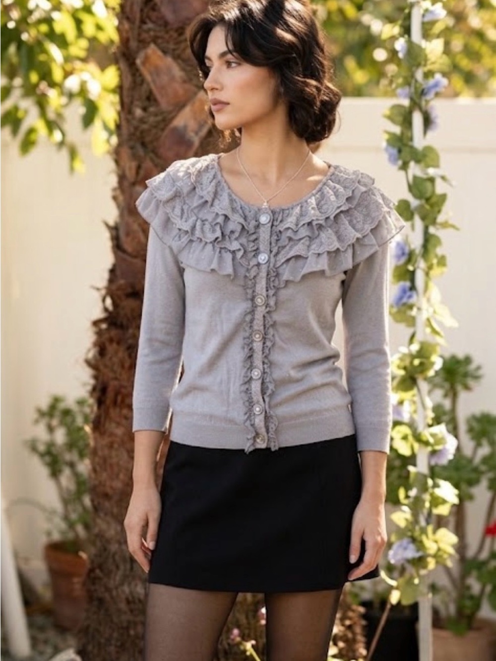 Forever 21 Light Gray Ruffle-Trim Cardigan vintage
